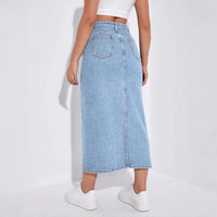 Women High Waist Light Blue Washed Denim Midi Skirt Front Slit Elastic Stretch Long Jean Skirt Casual