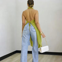 Solid Chiffon Shirts & Blouses Woman Tops Y2K Halter V-Neck Sleeveless Backless Lace-Up Club Party Blusas De Mujeres