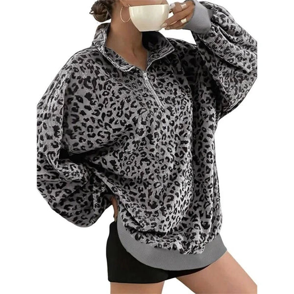 Women'S Half Zip Stand Collar Leopard Ribbed Oversized Sweatshirt Gray S