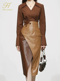 Autumn 2 Pieces Set Women Long Sleeve + High Waist Contrast Color Pencil Skirts Casual Simple Office Lady Skirt Suit