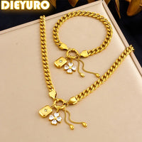 316L Stainless Steel Flower Zircon Starburst Square Pendant Necklace Bracelet Set Women New Waterproof Jewelry Gift Set