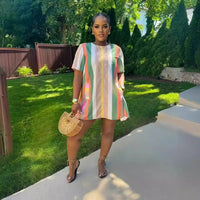 Dress Women Striped Print Short Sleeve round Neck Mini Dresses Casual Spliced Regular Vestido Pockets Basics Summer 2025