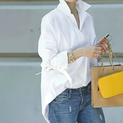 Plus Size Women'S Shirt, Simple and Elegant Style, Solid Color Lapel Loose Long-Sleeved Shirt, Suitable for Work Clothing Outing