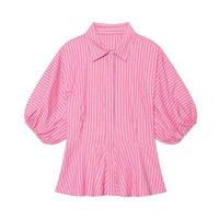 Women'S Striped Shirt New 2026 Spring Casual Short Puff Sleeve Lapel Collar Flared Hem Button Women Shirt & Blouses Female Tops