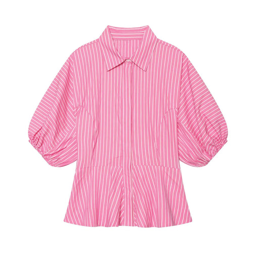 Women'S Striped Shirt New 2026 Spring Casual Short Puff Sleeve Lapel Collar Flared Hem Button Women Shirt & Blouses Female Tops