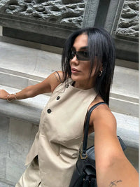 Women'S Solid Sleeveless Backless Buttoned Lace up Top & Wide-Leg Pants Two-Piece Set Spring Summer Casual Outings Street Style