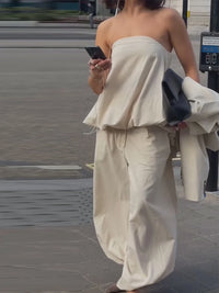 Women'S Suits Solid Tube Top Loose Top High Waist Wide-Leg Pants Casual 2026 Summer New Daily Wear Ladies Two Piece Set Clothing