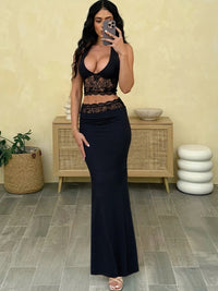 Lace Patchwork Women 2 Piece Set Halter Fashion Backless Sheer V-Neck Tanks+Trim Matching Long Skirts Mujer Elegant Suits