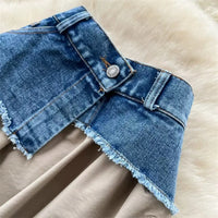 New Niche Design Women Denim Patchwork Khaki Midi Skirt Asymmetrical Waist Drawstring Hem Bubble Skirt Zipper Pockets SK8003