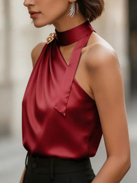 Chic Halter One Shoulder Satin Draped Burgundy Sleeveless Blouse, Tank Top for Party & Office Women