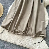 New Niche Design Women Denim Patchwork Khaki Midi Skirt Asymmetrical Waist Drawstring Hem Bubble Skirt Zipper Pockets SK8003