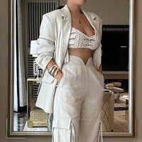 Spring Autumn New Women'S 2Pcs Sets Elegant Long Sleeve Blazer Suit and Wide Leg Cargo Pants Set Solid Color Office Lady Suit