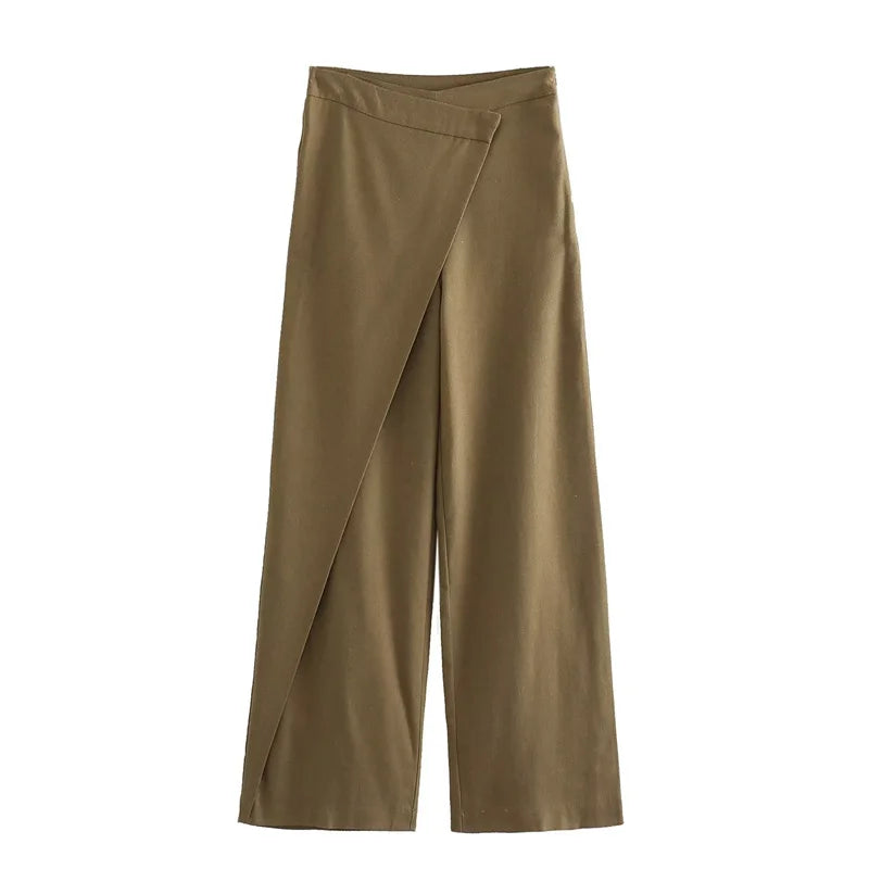 Autumn New Women'S Scarf Style High-Waisted Wide-Leg Pants Stylish Cotton Linen Fabric Texture Asymmetrical Trousers