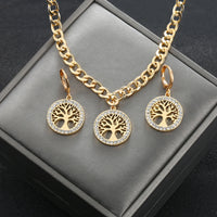 316L Stainless Steel Jewelry Set Rhinestone Tree of Life Pendant Necklace Hoop Earrings for Women Fashion Gold Gift Accessories