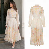 Elegant Sweet Romantic Puff Sleeve Floral 2 Pieces Skirt Set Women Chiffon Shirt Top Elastic Waist Midi Skirt Elegant Woman Set