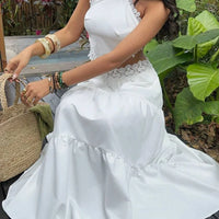 Women Stylish Summer Two Piece Set Lace Trim Cami Top and Tiered Maxi Skirt Boho Female Versatile Date Vacation Party Beachwear