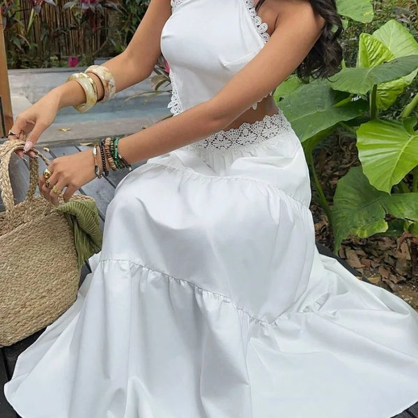 Women Stylish Summer Two Piece Set Lace Trim Cami Top and Tiered Maxi Skirt Boho Female Versatile Date Vacation Party Beachwear