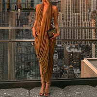 Women'S Backless Holiday Dresses Irregular Pleated Design Slim Party Dress Sexy Sleeveless Solid Color Summer Long Dress