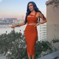 Josiaoprah Autumn Winter Midi Dress Women Bodycon Bandage Hollow Out Nightclub Dresses Elegant Sleeveless Sexy Party Club Dress
