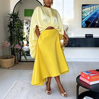 Women Satin Two Piece Outfit Set Batwing Sleeve Cutout Crop Top and Asymmetric Midi Skirt Pockets Elegant Matching Set