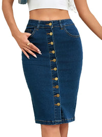 2025 Spring New Women'S Summer Front Multi-Button Denim Skirt Fashion Elastic Knee Length Slim Hip-Hugging Jeans Pencil Skirt