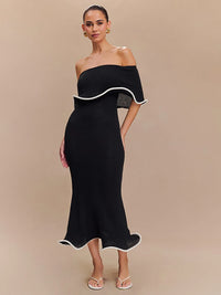 Patchwork Sexy Strapless Ruffles Women Midi Dress Black Backless High Waist Dress Spring Slim Elegant Party Clubwear