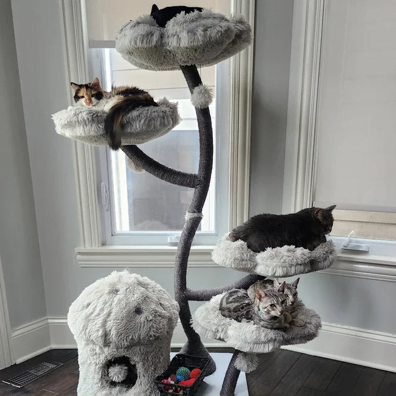 Gray 1 Modern Cat Tree Tower Wooden Flower Cat Tree Wood Floral Cat Climbing Tree Tower for Scratcher Christmas