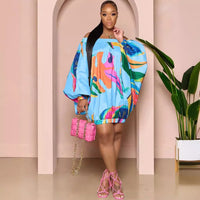 New Arrival Women'S One-Shoulder Digital High-Definition Print Batwing Sleeve Dress Floral Geometric Pattern Street Style
