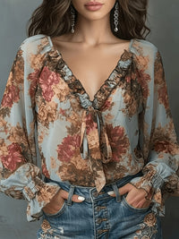 Vintage Floral Print Chiffon Blouse, Women'S Long Sleeve Ruffle V-Neck Front Tie Boho Casual Flowy Shirt