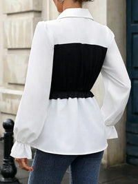 Women'S Black White Color Block Shirt - Faux Two Piece Pearl Button Flare Sleeve Blouse for Office Work, Casual & Elegant Daily