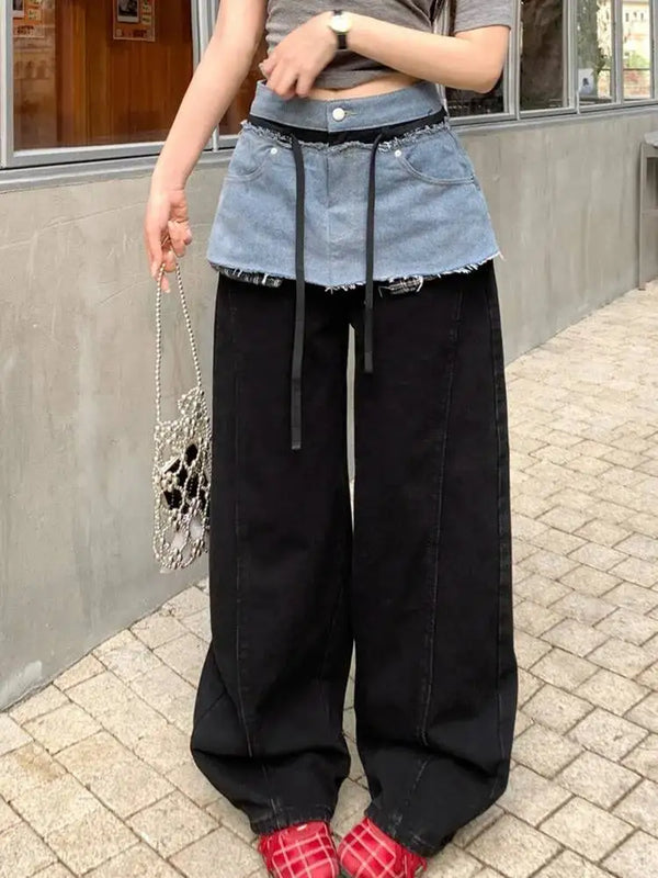American Retro Contrasting Color Splicing High Waist and Wide Leg Jeans for Women 2026 Autumn New 05E02789