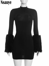 Faux Fur Long Sleeve Elegant New Fashion Casual Basic Pullover Black Dress Women Mini Sexy Club Evening Party Dress 20026