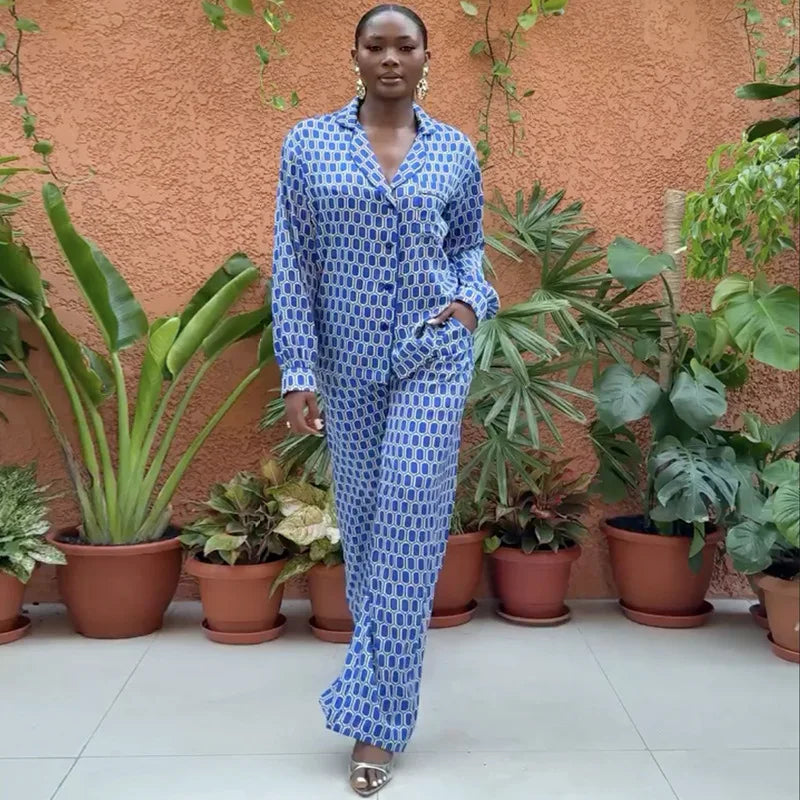 2025 Summer New Fashion Women'S Wear Lapel Printed Button Long-Sleeved Shirt Casual Wide-Leg Long Pants Set
