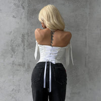 Bandage White Corset Top Women Elegant Black Satin Bustier Fishbone Zip Sexy Sleeveless Streetwear Fashion Summer Blue Clothes