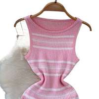 Women'S Pink Striped Sleeveless O Neck Stretchy Sundress Knit Bodycon Maxi Dress Pencil Summer Beach Vacation Daily Party Dress