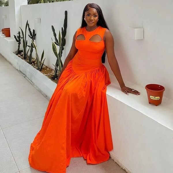 Summer Woman Dress Elegant Party Sleeveless round Neck Dresses Orange Cut Out Maxi Dress a Line Pleated Waist Long Dress