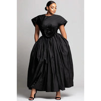 Women plus Size Midi Dress Rose Applique Ball Gown round Neck Short Sleeve High Waist Elegant Formal Party Dress with Pockets