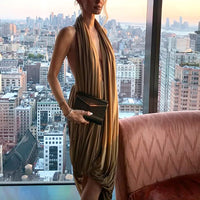 Women'S Backless Holiday Dresses Irregular Pleated Design Slim Party Dress Sexy Sleeveless Solid Color Summer Long Dress