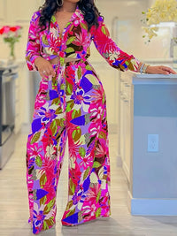 Turn-Down Collar Bandage Top Two Pieces Sets, Women Spring Summer Loose Wide Leg Pants Outfit, Long Sleeve Simple Ladies Suits