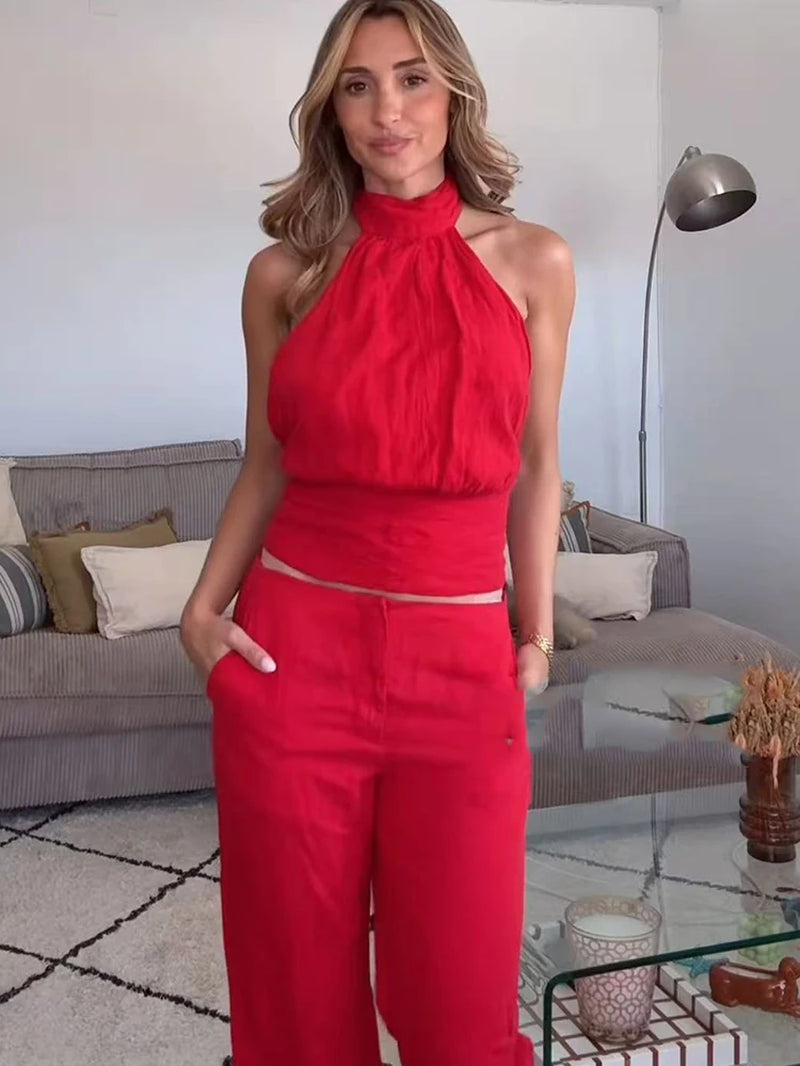 TFMLN Women'S Red Ruffled Top Set Halter Crop Backless Sleeveless Top Chic High Waist Straight Trousers Outfit Fashion Sexy