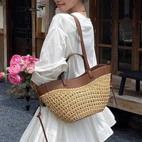 Women Large Faux Straw Woven Market Basket Tote Bag Color Block Drawstring Shoulder Crossbody Purse Summer Beach Vacation 2026