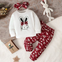 Spring and Autumn Baby Girl Rabbit Print Bow Front Pullover & Floral Print Pants & Headband