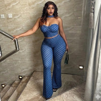 Women'S Dots Print Strapless Chest Wrapped Sleeveless Backless Super-Short Sexy Vest Tops Long Pants & Neck Scarf, 3 Piece Set