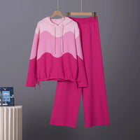 Women Knitted Pullove Two Piece Outfit Spliced Hooded Crop Top Elastic Waist Wide Leg Pants Casual Tracksuit Outfits Autumn