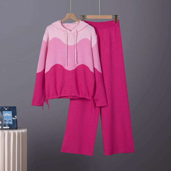 Women Knitted Pullove Two Piece Outfit Spliced Hooded Crop Top Elastic Waist Wide Leg Pants Casual Tracksuit Outfits Autumn