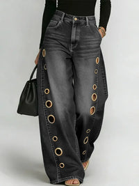 Missuoo Women'S Washed Blue High-Waist Metal Grommet Wide Leg Jeans 2026 Casual Loose Fit Streetwear Pants Casual Trousers