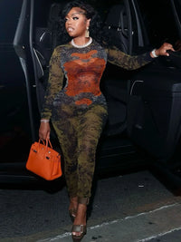 Printing Slim O-Neck Long Sleeve Jumpsuit Women Sexy Popular Body-Shaping Vestidos Girl Party Leisure Pencil Pants