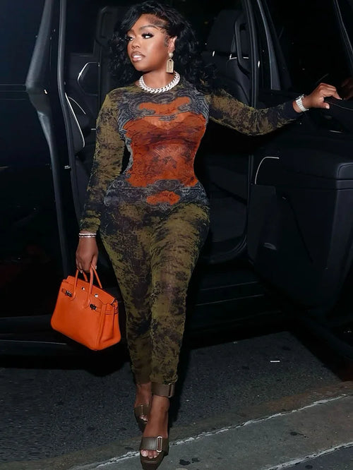 Printing Slim O-Neck Long Sleeve Jumpsuit Women Sexy Popular Body-Shaping Vestidos Girl Party Leisure Pencil Pants
