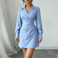 Spring Summer Women V Neck Stripe Pleated Bodycon Dress Dresses Elegant