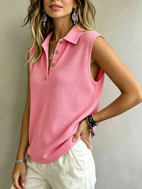 Women'S Casual Sleeveless Polo Shirt, Soft Waffle Knit V-Neck Vest, Button Placket, Solid Pink Loose Fit Summer Top, Suitable Fo